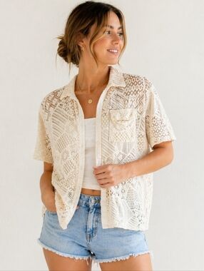 Earthbound Trading Co Crochet Lace Top Boho Button Front Sheer Festival Sz L XL